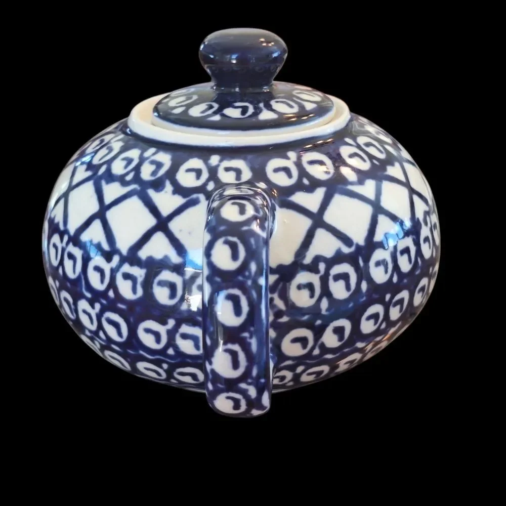 Polish Pottery Authentic Bolesławiec Teapot Hand Made 16 Oz 1 Pint BLUE 2 cups